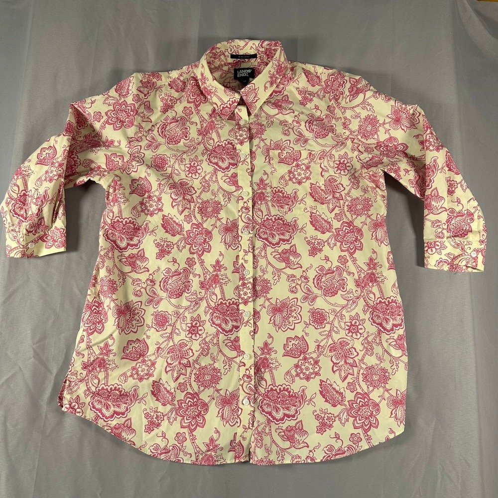 Lands End Pink Floral Paisley 16P No Iron Supima Cotton Button Down Shirt Petite